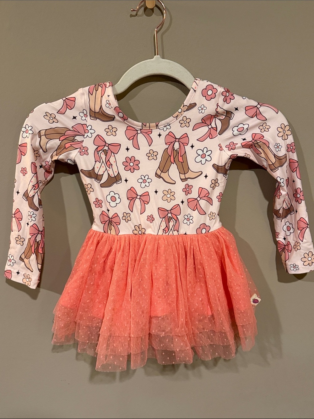 cheeky plum Pink Ballet Shoe Print Long Sleeve Tutu Dress with Coral Tulle Skirt